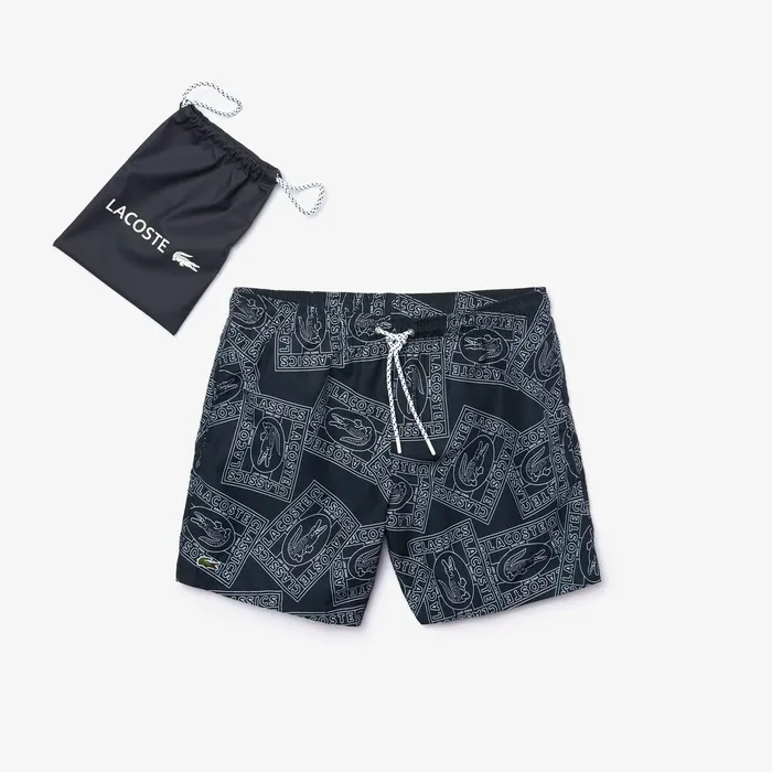 Postcard Print QuickDry Swim Trunks Navy BlueWhite Mens Lacoste Swimwear Near Me