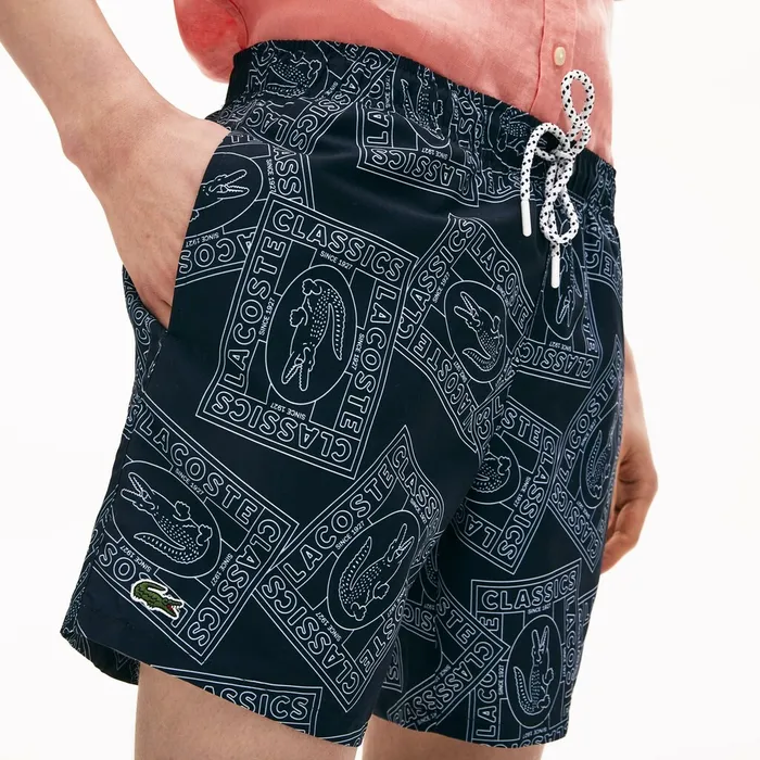 Postcard Print QuickDry Swim Trunks Navy BlueWhite Mens Lacoste Swimwear Near Me