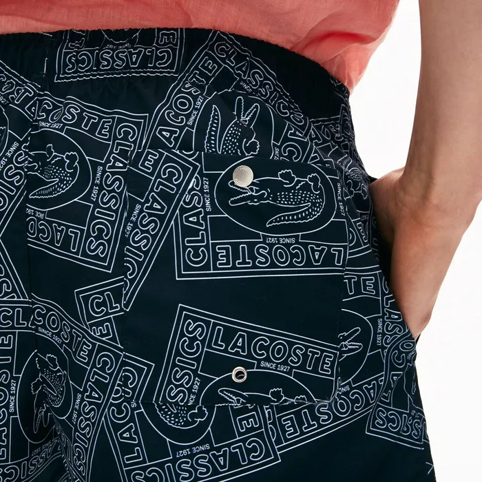 Postcard Print QuickDry Swim Trunks Navy BlueWhite Mens Lacoste Swimwear Near Me