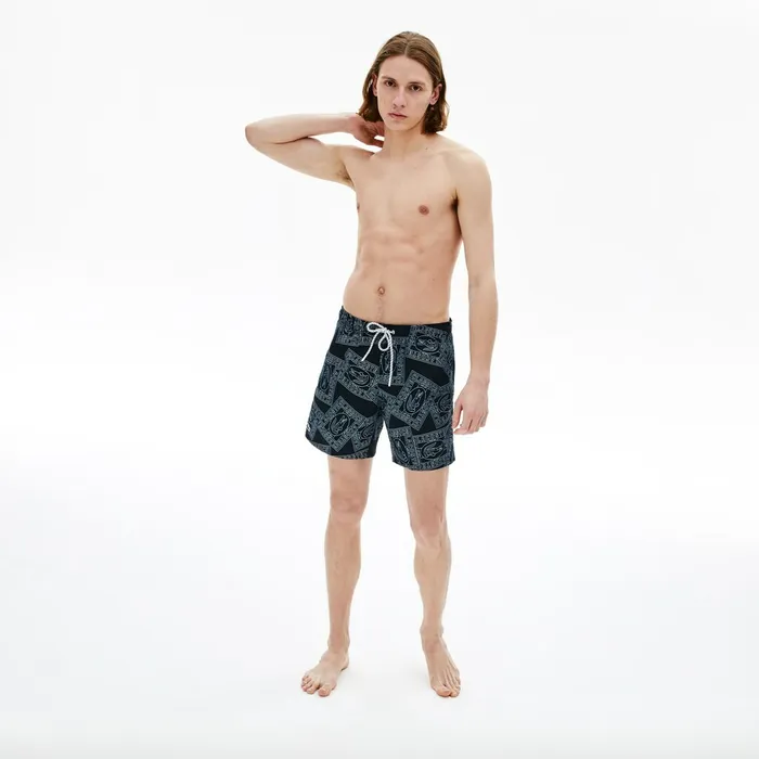 Postcard Print QuickDry Swim Trunks Navy BlueWhite Mens Lacoste Swimwear Near Me