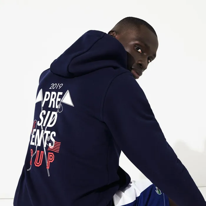 Presidents Cup Hooded BackPrinted Fleece Zip Golf Sweatshirt Navy Blue Mens Lacoste Sweatshirts Popular