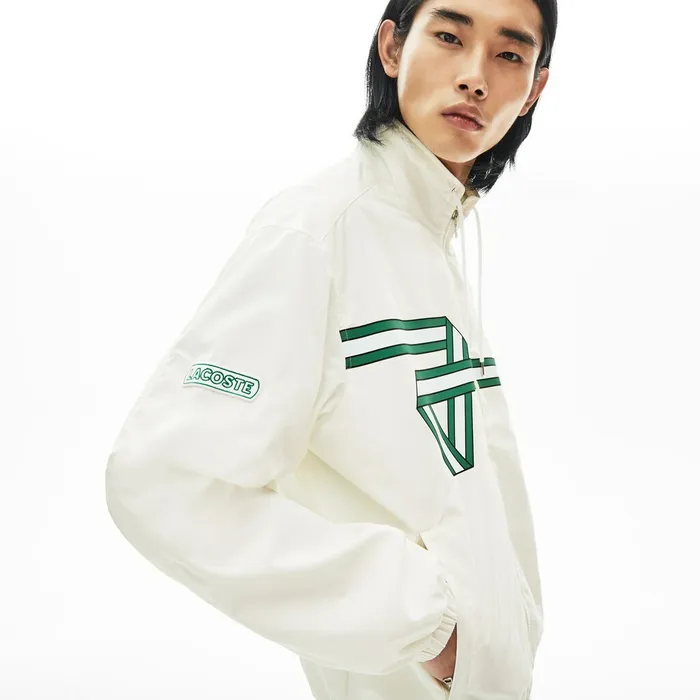 Print Band Zip Heritage Tracksuit Jacket White Mens Lacoste Jackets and Coats Cheap On Sale