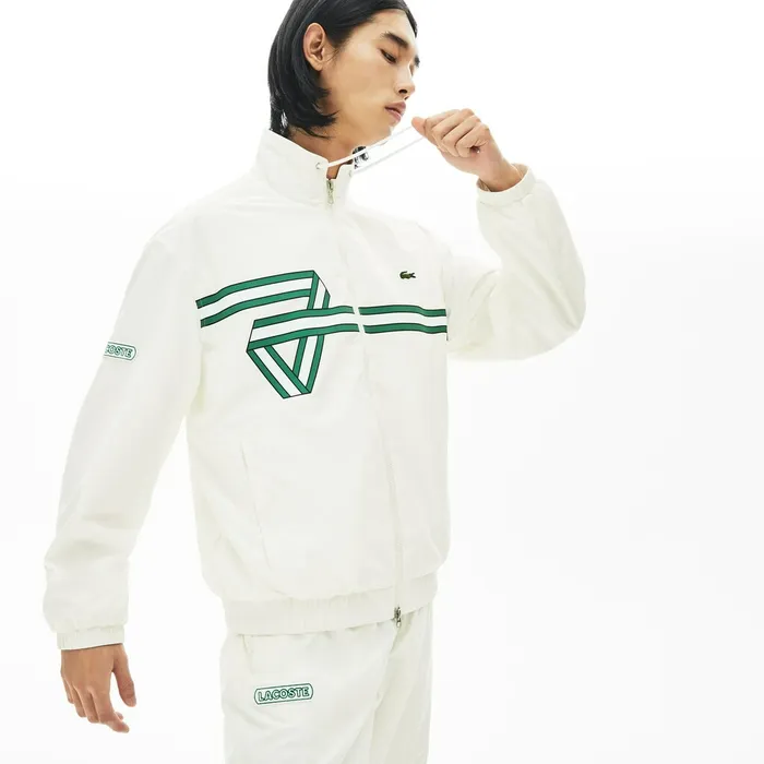 Print Band Zip Heritage Tracksuit Jacket White Mens Lacoste Jackets and Coats Cheap On Sale
