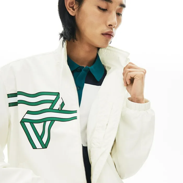 Print Band Zip Heritage Tracksuit Jacket White Mens Lacoste Jackets and Coats Cheap On Sale