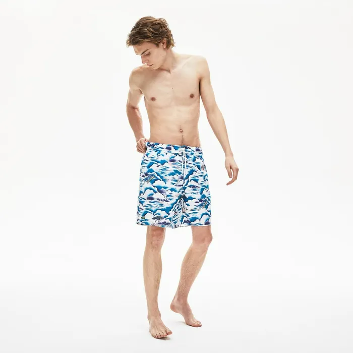 Print Light QuickDry Long Swim Shorts BlueLight PinkWhite Mens Lacoste Swimwear On Sale