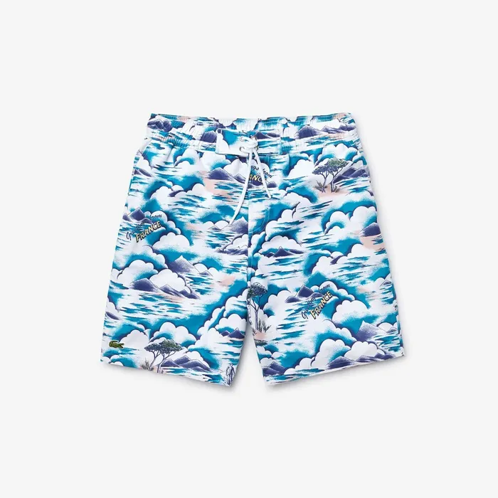 Print Light QuickDry Long Swim Shorts BlueLight PinkWhite Mens Lacoste Swimwear On Sale
