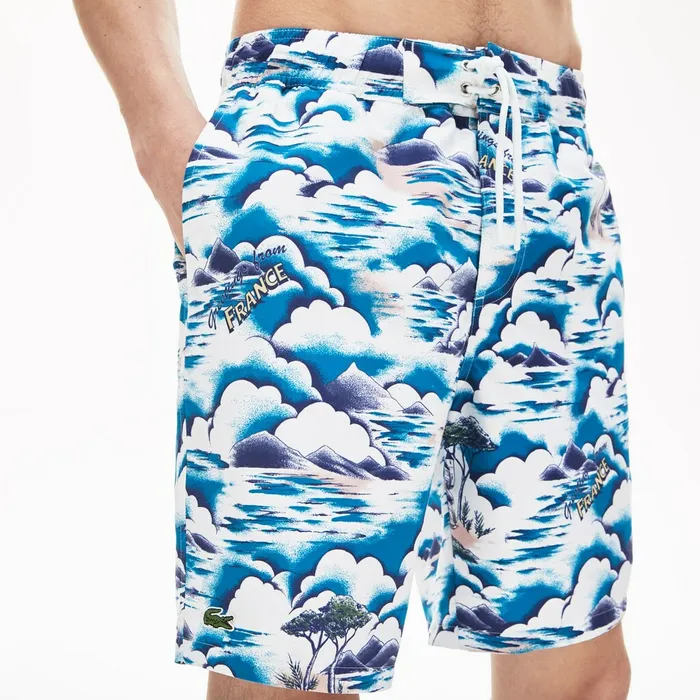 Print Light QuickDry Long Swim Shorts BlueLight PinkWhite Mens Lacoste Swimwear On Sale