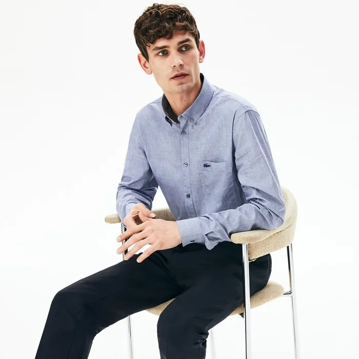 Printed Cotton Poplin Shirt Navy Blue Mens Lacoste Button Down Shirts For Sale Online