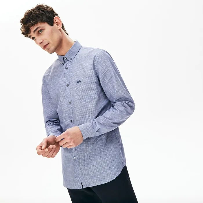 Printed Cotton Poplin Shirt Navy Blue Mens Lacoste Button Down Shirts For Sale Online