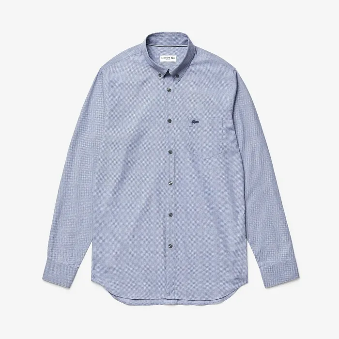 Printed Cotton Poplin Shirt Navy Blue Mens Lacoste Button Down Shirts For Sale Online