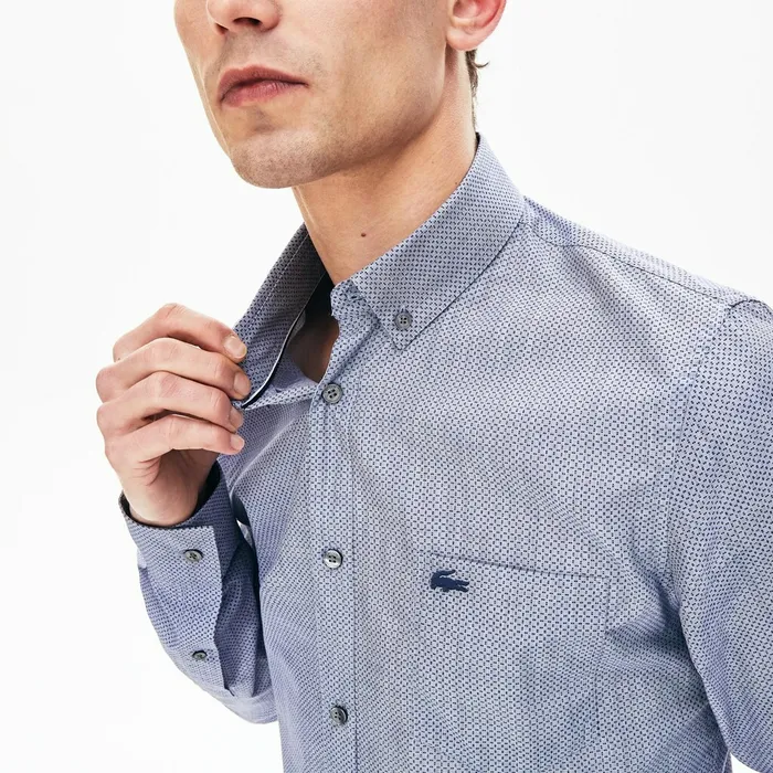 Printed Cotton Poplin Shirt Navy Blue Mens Lacoste Button Down Shirts For Sale Online