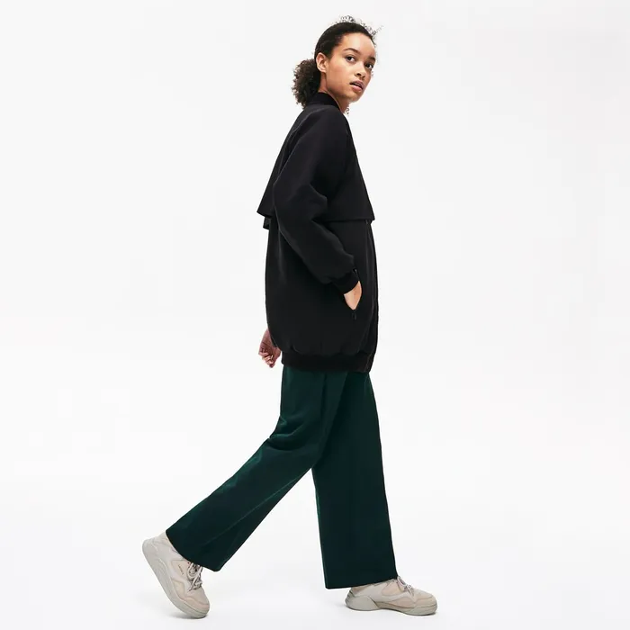 Quilted Lining Long Wool Crepe Bomber Jacket Black Womens Lacoste Jackets and Coats On Sale