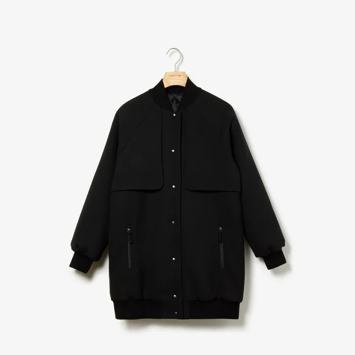 Quilted Lining Long Wool Crepe Bomber Jacket Black Womens Lacoste Jackets and Coats On Sale