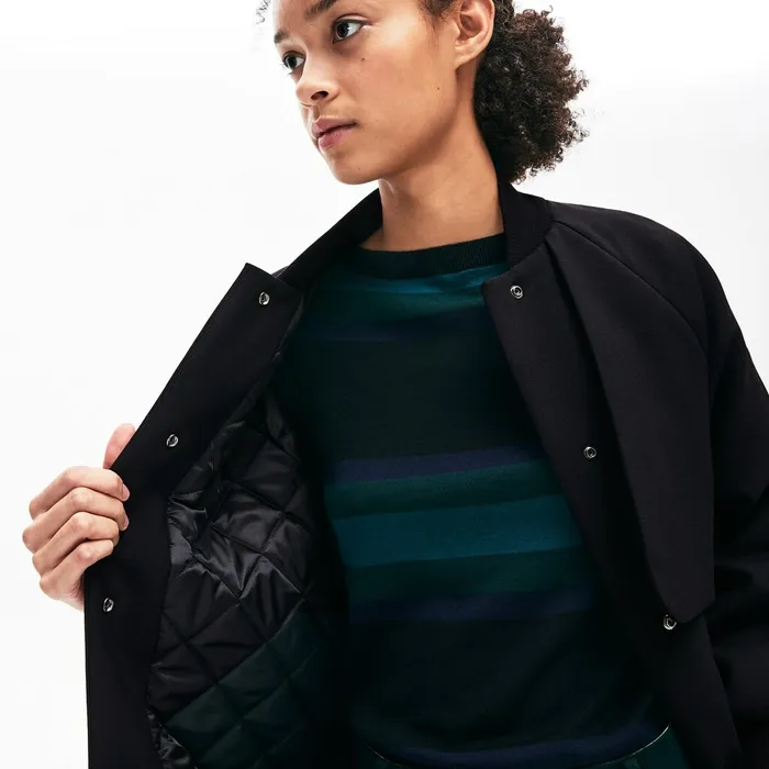 Quilted Lining Long Wool Crepe Bomber Jacket Black Womens Lacoste Jackets and Coats On Sale