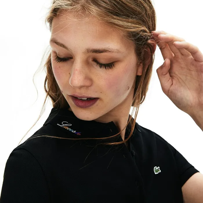 Rainbow Script Collar Polo Dress Black Womens Lacoste Dresses and Skirts USA