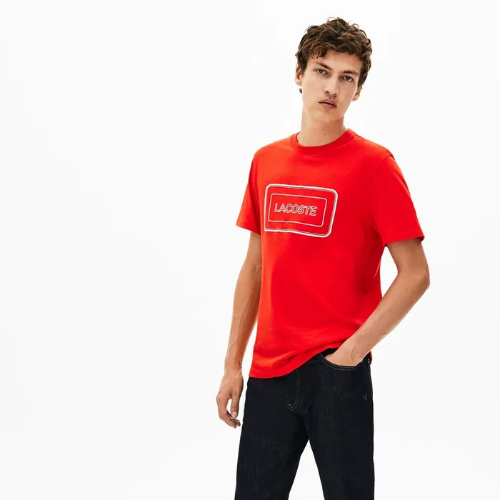 Reflective Logo Motion Regular Fit Cotton Tshirt Red Mens Lacoste TShirts Outlet Factory