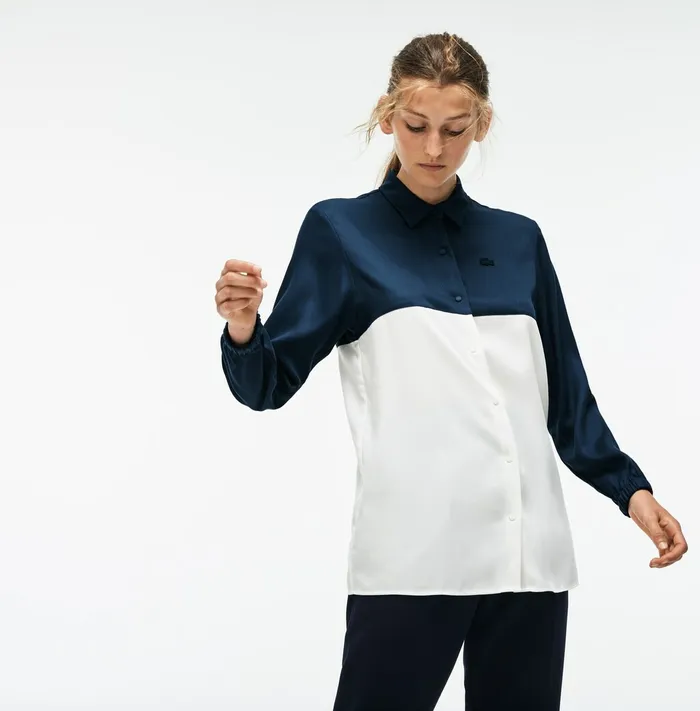 Regular Fit Bicolor Flowing Piqu Shirt BlueWhite Womens Lacoste Shirts and Tops Outlet