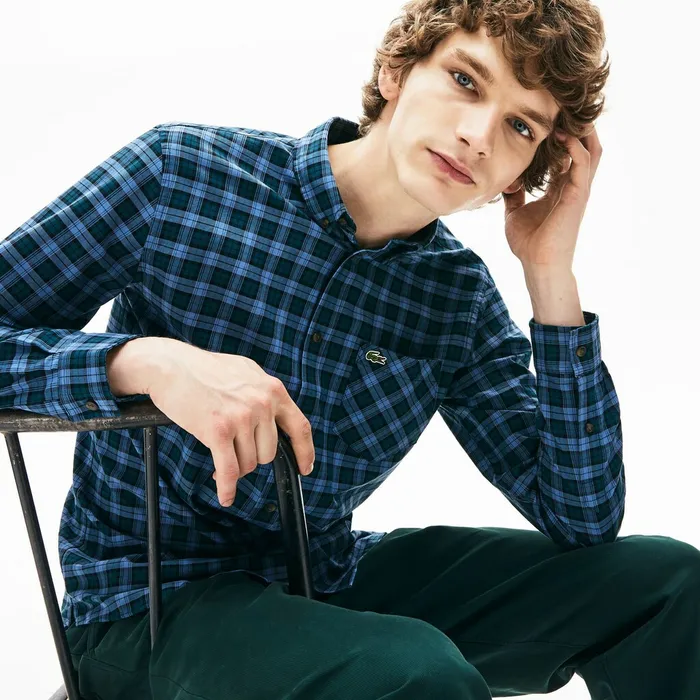 Regular Fit Check Cotton Shirt Blue Mens Lacoste Button Down Shirts USA