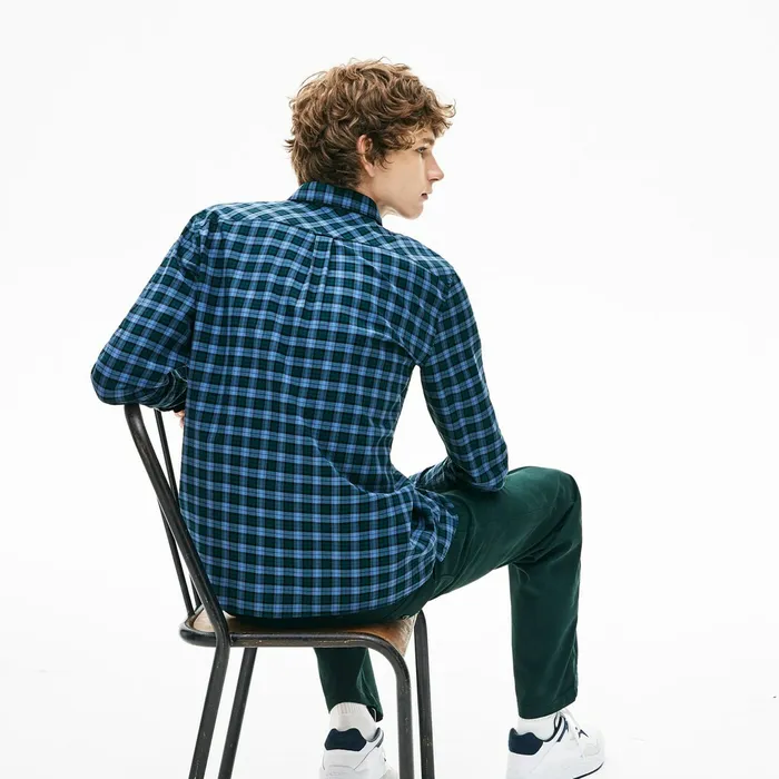 Regular Fit Check Cotton Shirt Blue Mens Lacoste Button Down Shirts USA