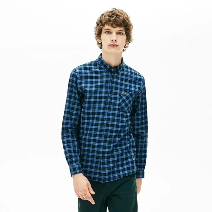 Regular Fit Check Cotton Shirt Blue Mens Lacoste Button Down Shirts USA