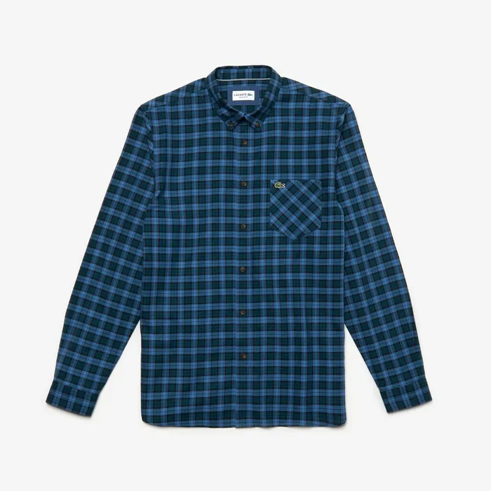 Regular Fit Check Cotton Shirt Blue Mens Lacoste Button Down Shirts USA