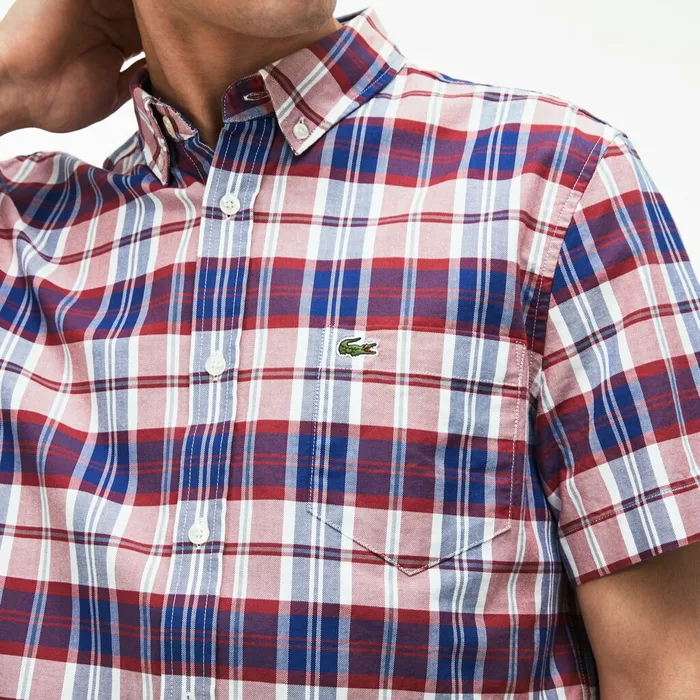 Regular Fit Check Oxford Shirt Red Mens Lacoste Button Down Shirts Outlet Factory