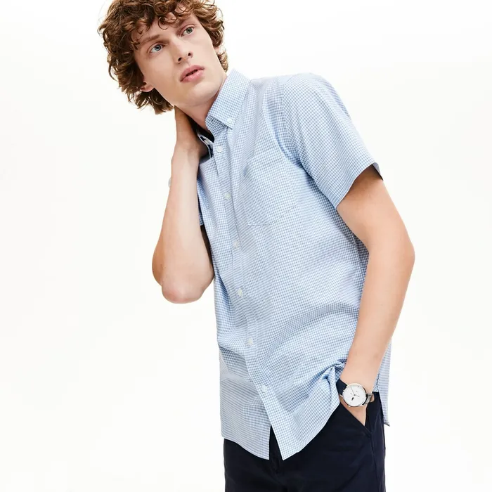Regular Fit Checkered Cotton Shirt WhiteNavy Blue Mens Lacoste Button Down Shirts Gift for Friend