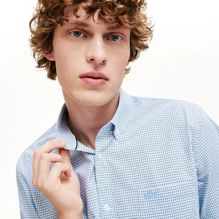 Regular Fit Checkered Cotton Shirt WhiteNavy Blue Mens Lacoste Button Down Shirts Gift for Friend