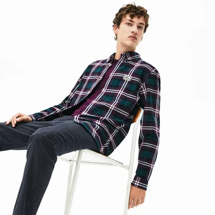 Regular Fit Checkered Flannel Overshirt BordeauxWhite Mens Lacoste Button Down Shirts Outlet