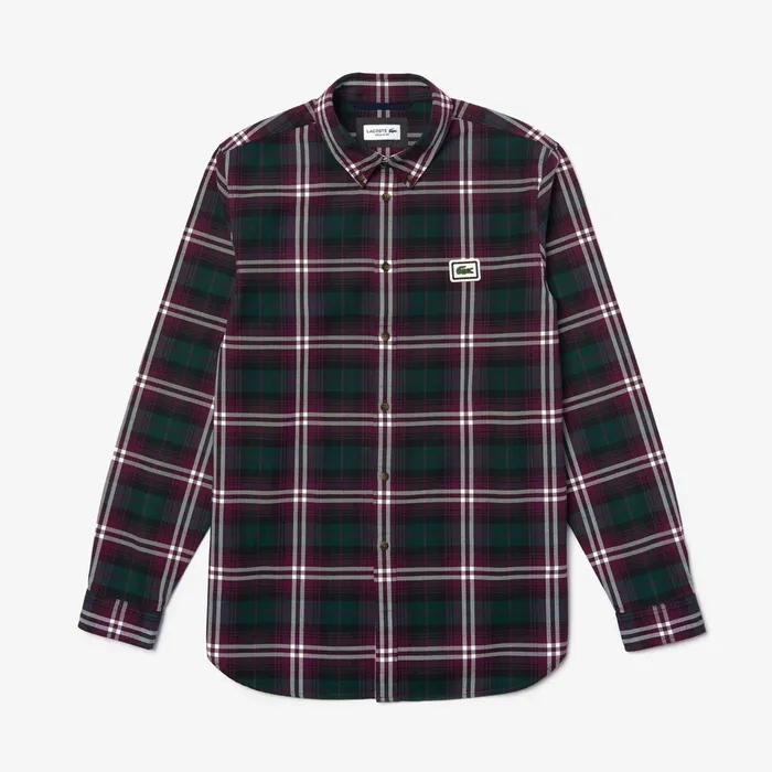 Regular Fit Checkered Flannel Overshirt BordeauxWhite Mens Lacoste Button Down Shirts Outlet