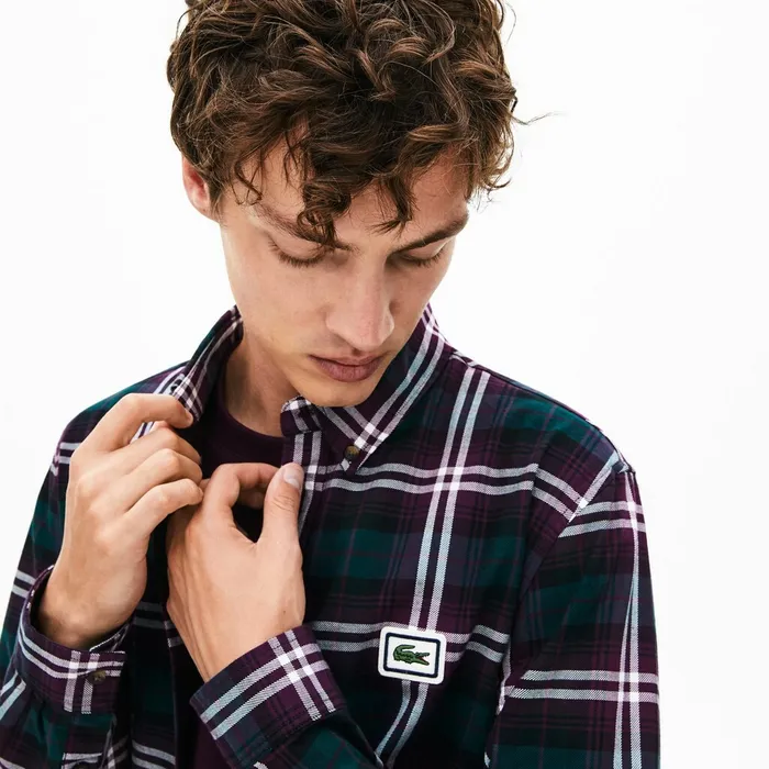Regular Fit Checkered Flannel Overshirt BordeauxWhite Mens Lacoste Button Down Shirts Outlet