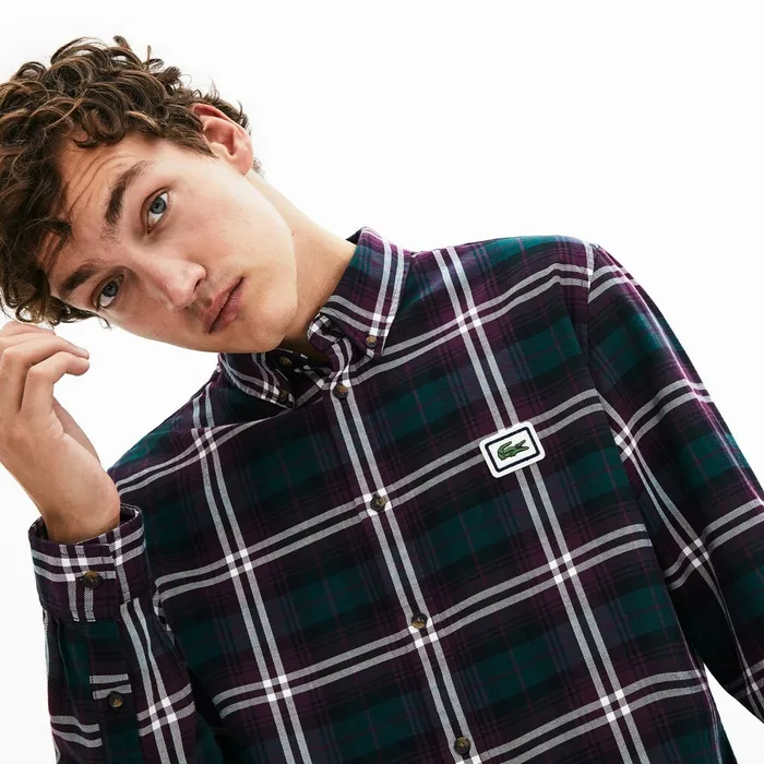 Regular Fit Checkered Flannel Overshirt BordeauxWhite Mens Lacoste Button Down Shirts Outlet