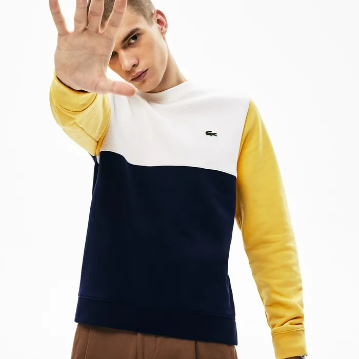 Regular Fit Colorblock French Terry Sweatshirt Navy BlueWhiteYellow Mens Lacoste Sweatshirts Gift for Friend
