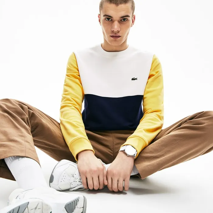 Regular Fit Colorblock French Terry Sweatshirt Navy BlueWhiteYellow Mens Lacoste Sweatshirts Gift for Friend