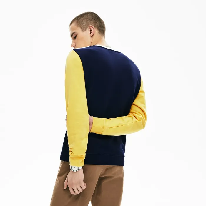 Regular Fit Colorblock French Terry Sweatshirt Navy BlueWhiteYellow Mens Lacoste Sweatshirts Gift for Friend