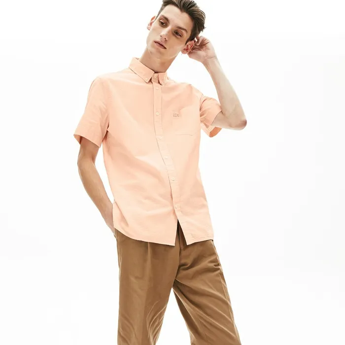 Regular Fit Cotton and Linen Shirt Light Pink Mens Lacoste Button Down Shirts Cheap On Sale