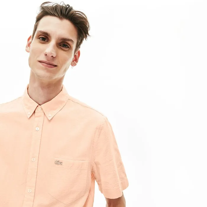 Regular Fit Cotton and Linen Shirt Light Pink Mens Lacoste Button Down Shirts Cheap On Sale