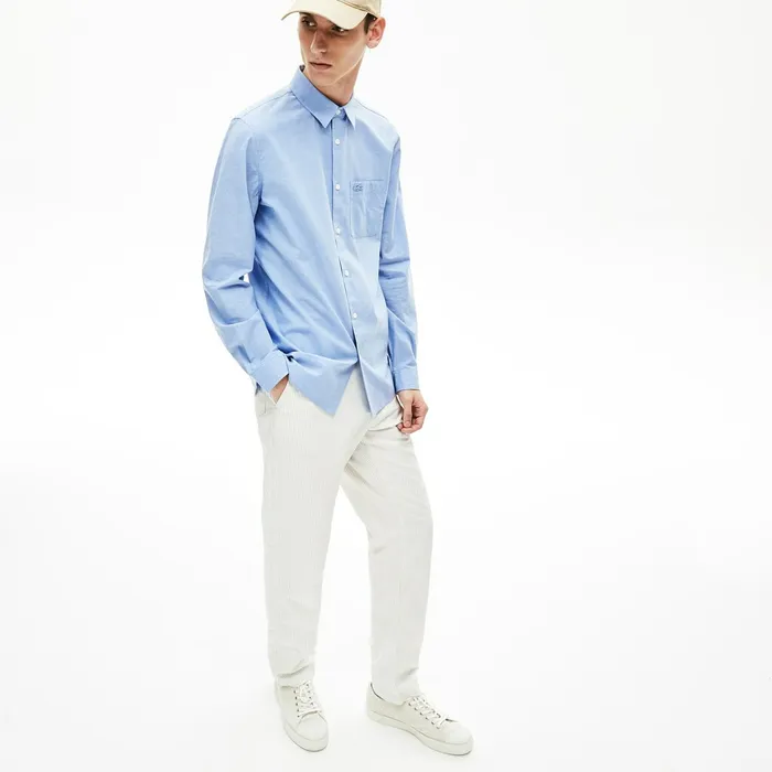 Regular Fit Cotton and Silk Shirt Light BlueWhite Mens Lacoste Button Down Shirts Near Me