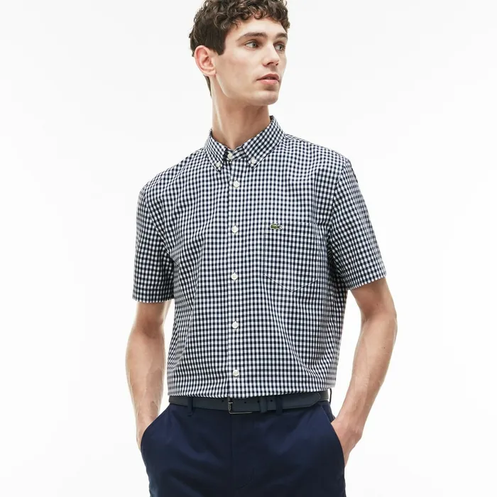 Regular Fit Gingham Poplin Shirt Navy BlueWhite Mens Lacoste Button Down Shirts For Sale