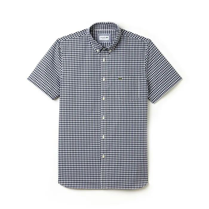 Regular Fit Gingham Poplin Shirt Navy BlueWhite Mens Lacoste Button Down Shirts For Sale