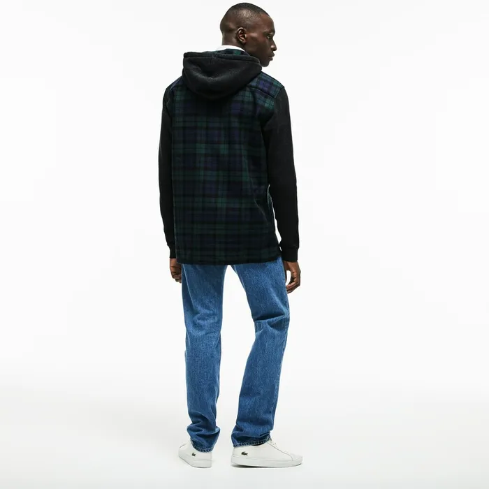 Regular Fit Hooded Check Cotton Flannel Shirt GreenWhite Mens Lacoste Button Down Shirts Popular