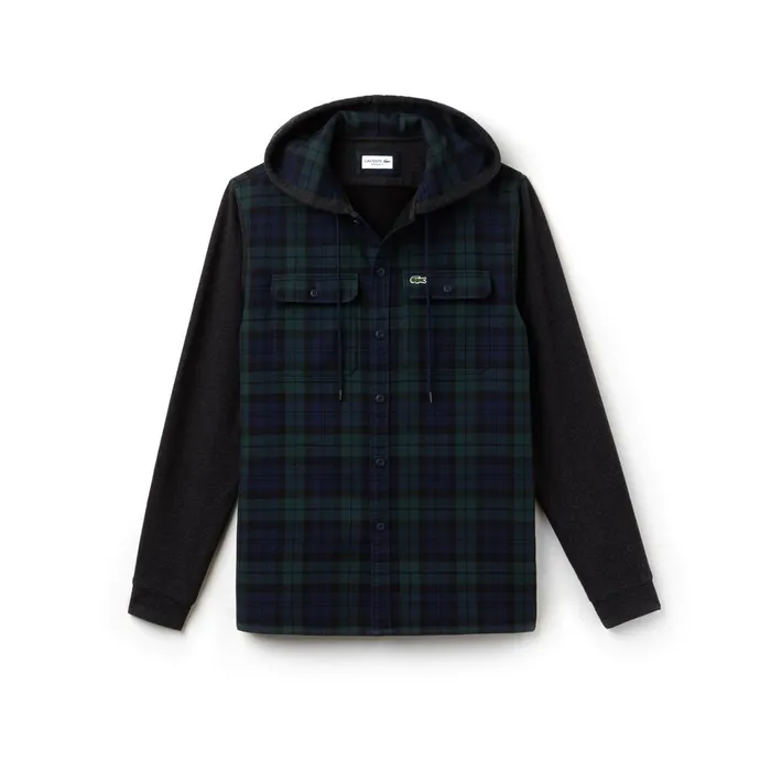 Regular Fit Hooded Check Cotton Flannel Shirt GreenWhite Mens Lacoste Button Down Shirts Popular
