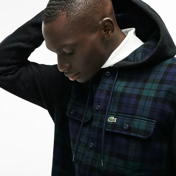 Regular Fit Hooded Check Cotton Flannel Shirt GreenWhite Mens Lacoste Button Down Shirts Popular