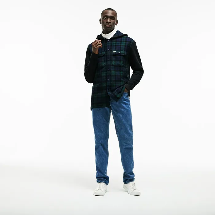 Regular Fit Hooded Check Cotton Flannel Shirt GreenWhite Mens Lacoste Button Down Shirts Popular