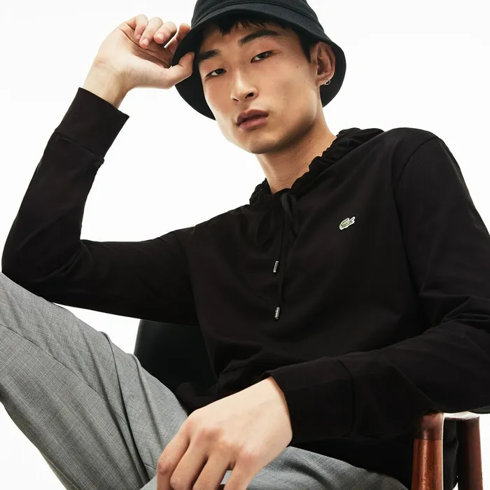 Regular Fit Hooded Jersey Tshirt Black Mens Lacoste TShirts Outlet Factory