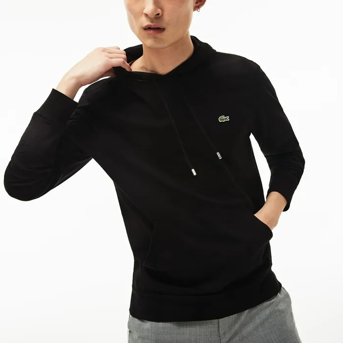 Regular Fit Hooded Jersey Tshirt Black Mens Lacoste TShirts Outlet Factory