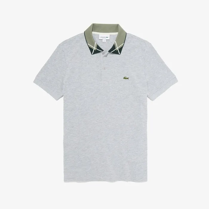 Regular Fit JacquardCollar Cotton Piqu Polo Shirt Grey Chine Mens Lacoste Polos Store