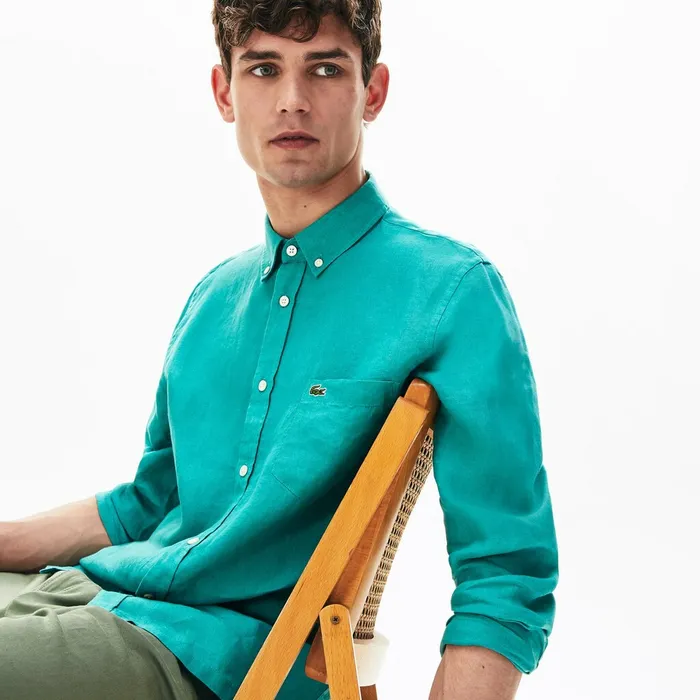 Regular Fit Linen Shirt Green Mens Lacoste Button Down Shirts Casaul