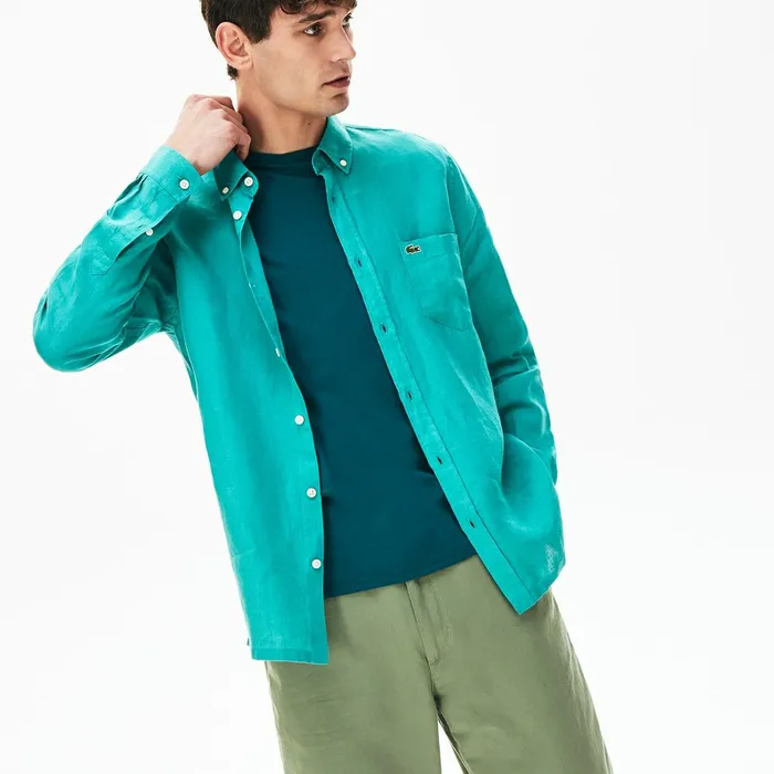 Regular Fit Linen Shirt Green Mens Lacoste Button Down Shirts Casaul