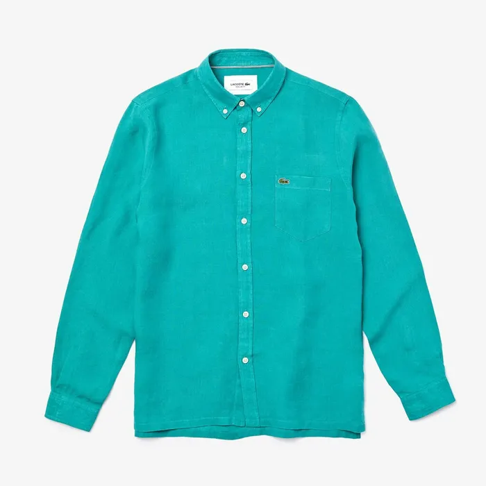 Regular Fit Linen Shirt Green Mens Lacoste Button Down Shirts Casaul
